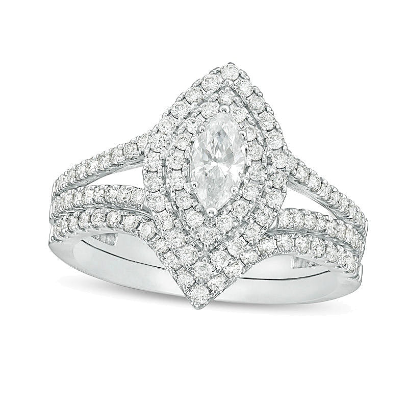 1.0 CT. Gesamtgewicht Brautset mit Diamanten im Marquise- und Rundschliff in 14K Weißgold (I/I1)
