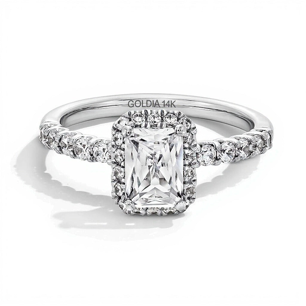 1.5 CT. Gesamtgewicht Halo-Ring mit Labordiamant im Radiant-Schliff in 14K Weißgold (F/SI2)