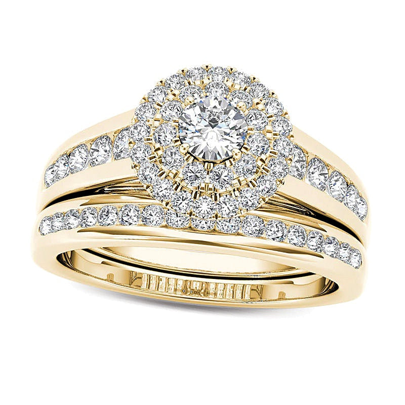 1.0 ct. Gesamtgewicht Diamant Brautset mit doppeltem Halo in 14K Gelbgold