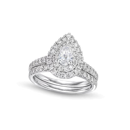 1.5 CT. Gesamtgewicht Diamant-Brautset im Tropfen- und Rundschliff mit Halo-Fassung in 14K Weißgold (I/I1)