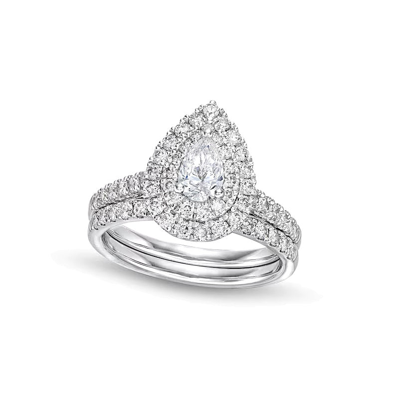 1.5 CT. Gesamtgewicht Diamant-Brautset im Tropfen- und Rundschliff mit Halo-Fassung in 14K Weißgold (I/I1)