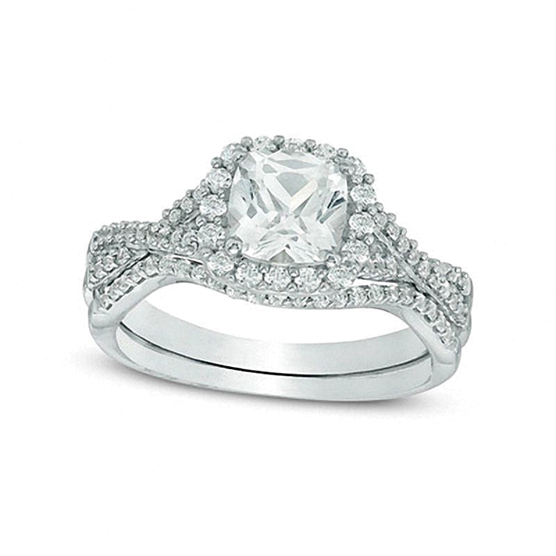 6,0mm Braut-Set mit weißem Labor-Saphir im Kissenschliff in rhodiniertem Sterlingsilber