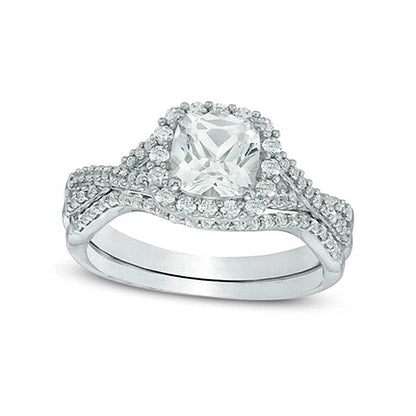 6,0mm Braut-Set mit weißem Labor-Saphir im Kissenschliff in rhodiniertem Sterlingsilber