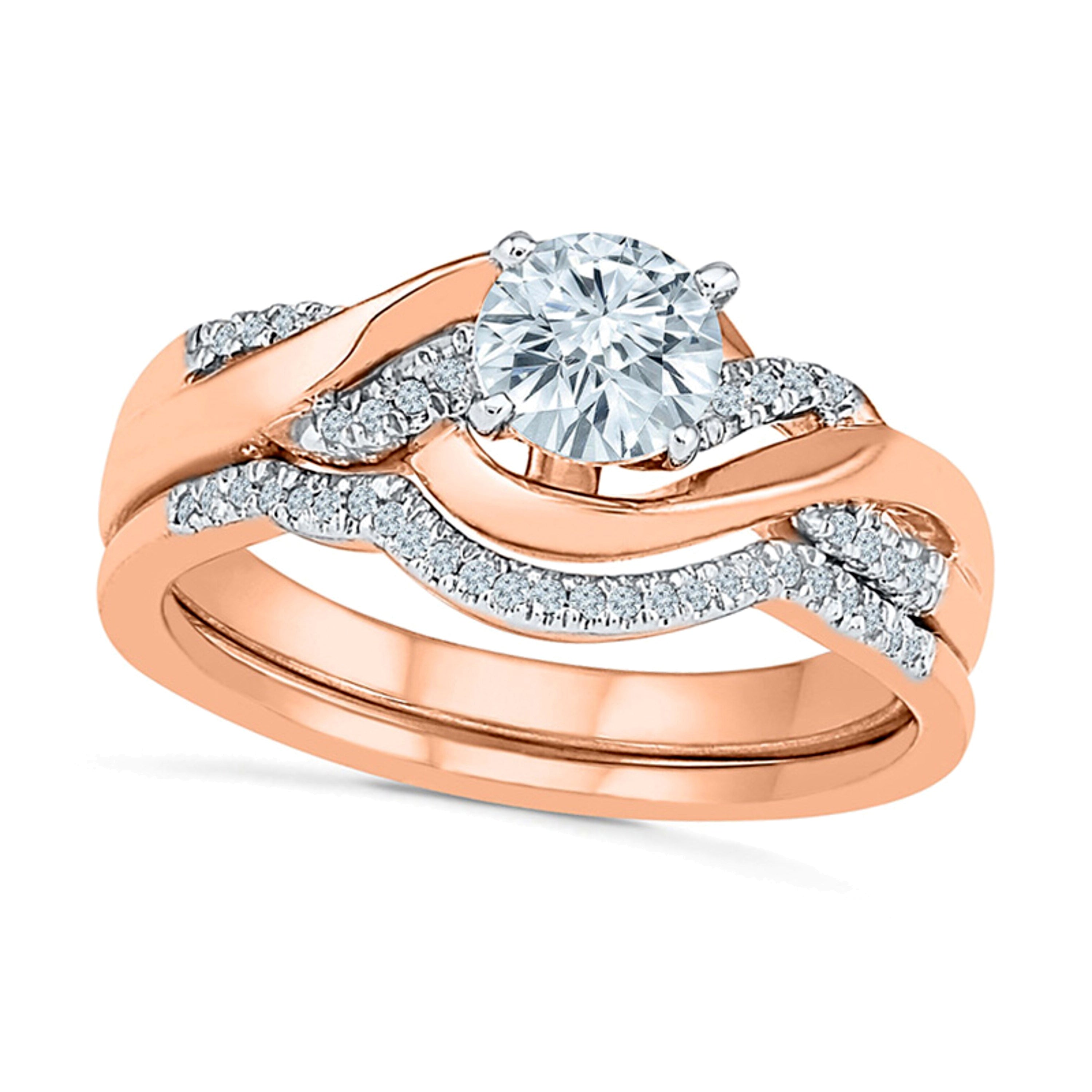Verlobungsring mit im Labor gezüchtetem weißen Saphir und 0,1 ct. Gesamtgewicht Diamanten im Twist-Design in 10K Roségold