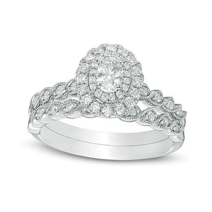 0,75 ct. Gesamtgewicht Braut-Set mit Diamanten im Oval- und Rundschliff im Vintage-Stil mit doppeltem Rahmen und Twist-Design in 14K Weißgold