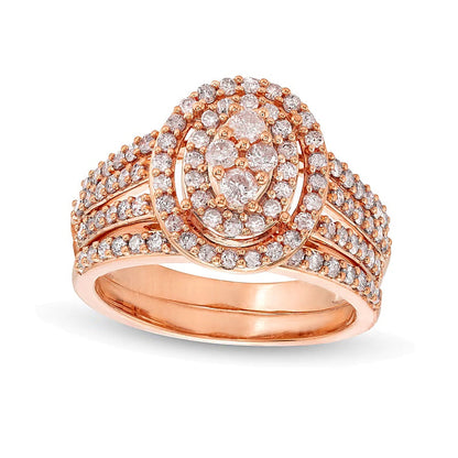 Braut-Set mit Diamanten im ovalen und runden Schliff, dreireihig mit geteiltem Ringschienen-Design in 10K Roségold, 1.0 ct. Gesamtgewicht