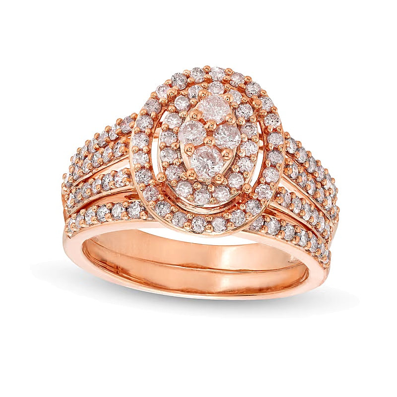 Braut-Set mit Diamanten im ovalen und runden Schliff, dreireihig mit geteiltem Ringschienen-Design in 10K Roségold, 1.0 ct. Gesamtgewicht