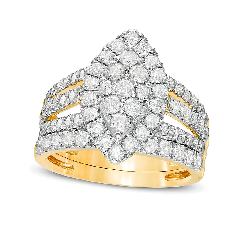 2.0 ct. Gesamtgewicht Komposit-Diamant Braut-Set mit doppeltem Marquise-Rahmen, mehrreihig, in 10K Gelbgold