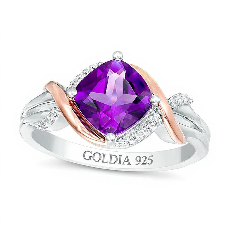 7,0 mm Amethyst im Kissenschliff und Diamant mit 0,04 ct. Gesamtgewicht Ring in Sterlingsilber und 10K Roségold
