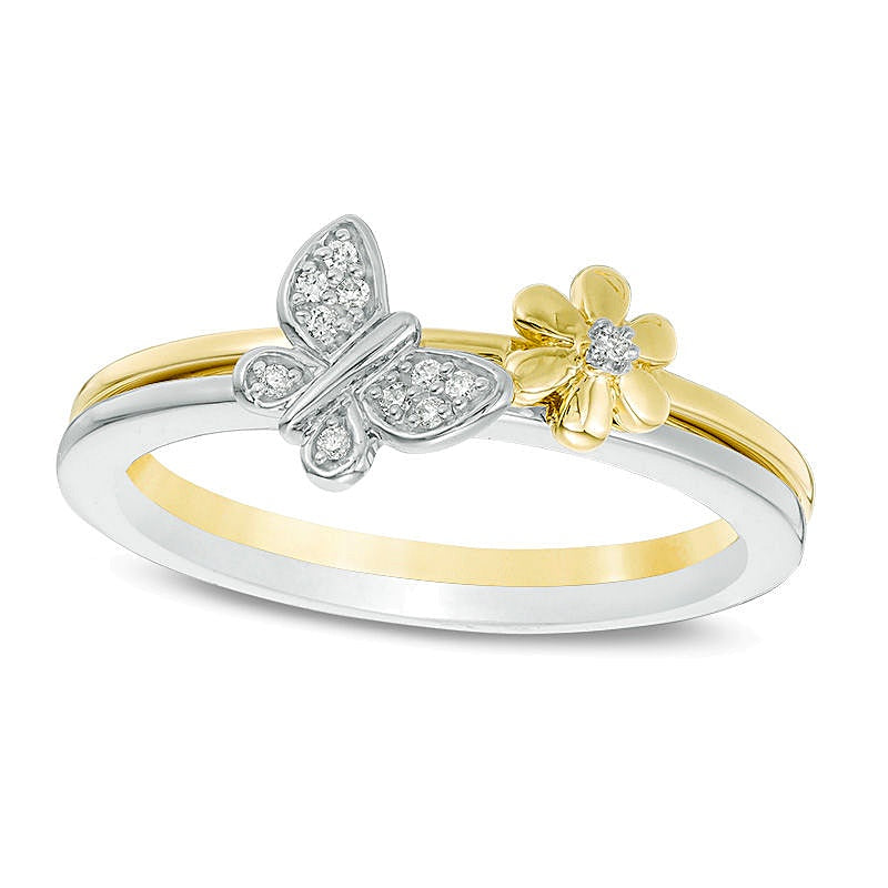 0,05 ct. Gesamtgewicht Diamant Blume und Schmetterling zweiteiliges stapelbares Ring-Set in 10K Gold zweifarbig