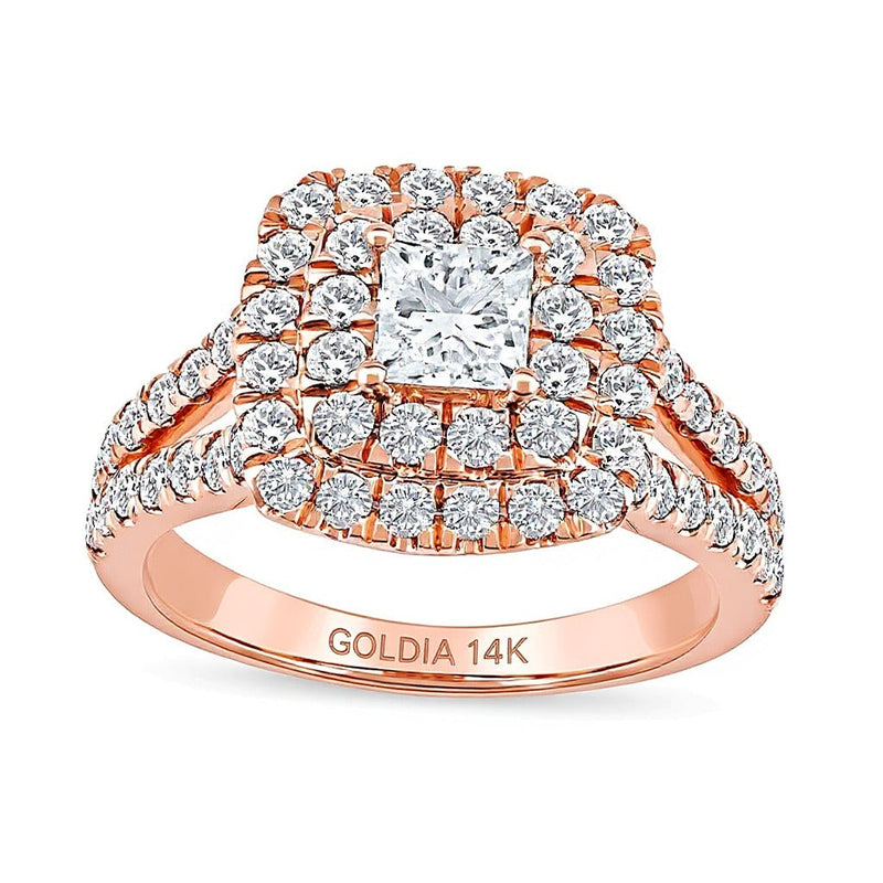 2.0 CT. Gesamtgewicht Verlobungsring im Princess-Schliff mit Labordiamanten, Halo und geteilter Schiene in 14K Roségold (F/VS2)