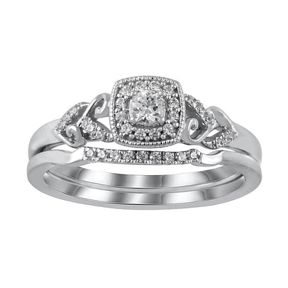 0.25 ct. Gesamtgewicht Diamant Braut-Set im Vintage-Stil mit Kissenschliff-Rahmen und Herz-Seiten aus rhodiniertem Sterlingsilber