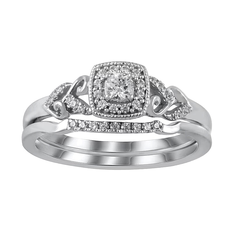 0.25 ct. Gesamtgewicht Diamant Braut-Set im Vintage-Stil mit Kissenschliff-Rahmen und Herz-Seiten aus rhodiniertem Sterlingsilber
