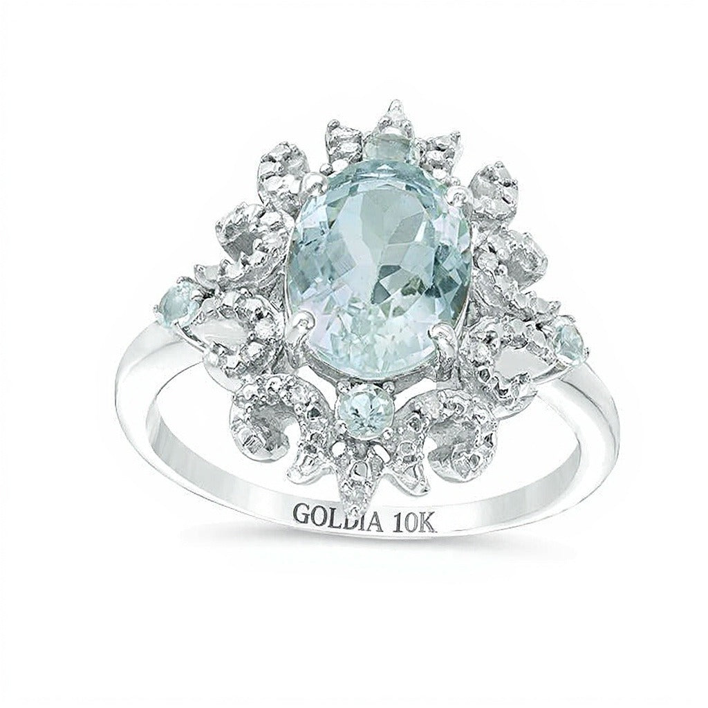 Halo-Ring mit ovalem Aquamarin und Diamant-Besatz in 10K Weißgold