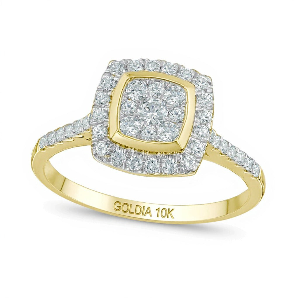 Verlobungsring mit mehreren Diamanten und Kissenschliff-Rahmen 0.5 ct. Gesamtgewicht aus 10K Gelbgold