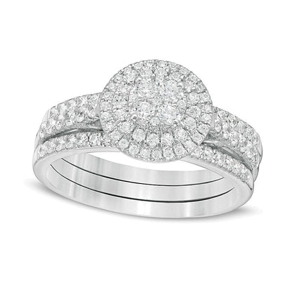 1.0 CT. Gesamtgewicht Komposit-Diamant Brautset im Vintage-Stil mit doppeltem Rahmen aus 10K Weißgold