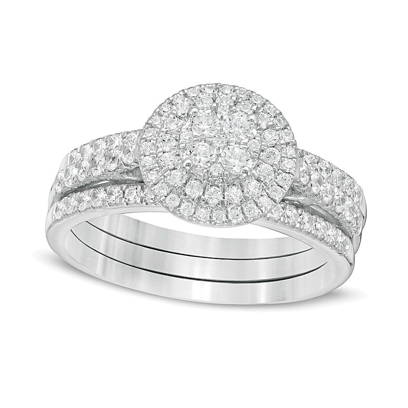 1.0 CT. Gesamtgewicht Komposit-Diamant Brautset im Vintage-Stil mit doppeltem Rahmen aus 10K Weißgold