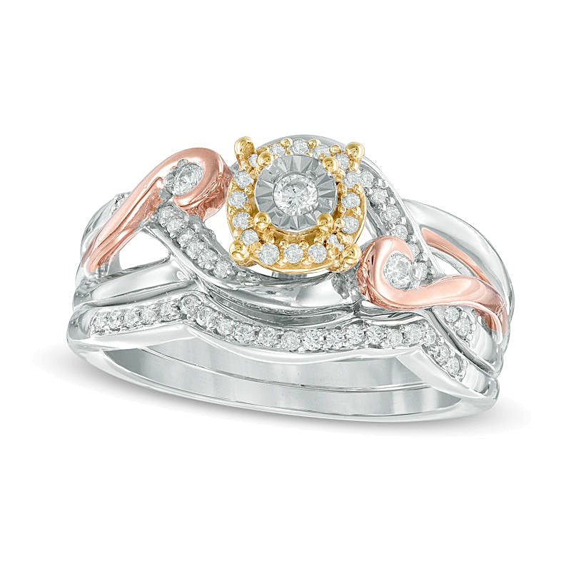0.33 ct. Gesamtgewicht Diamant-Brautset mit Rahmen und Swirl-Design in Sterlingsilber und 10K Bicolor-Gold