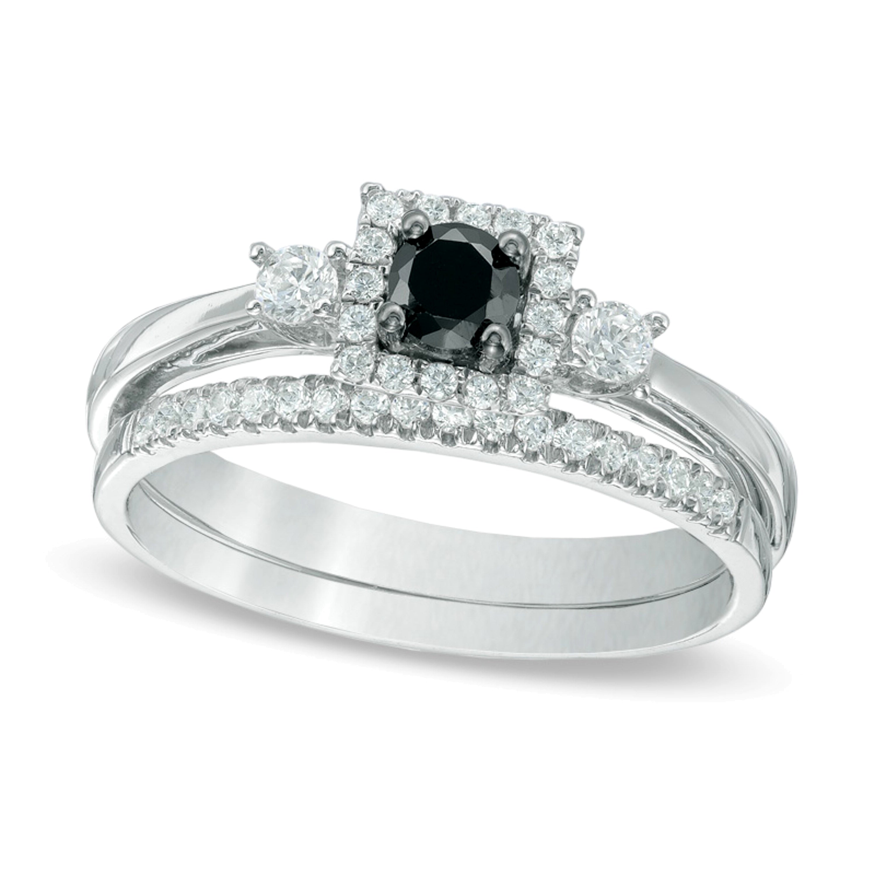 0.5 ct. Gesamtgewicht Braut-Set mit behandelten schwarzen und weißen Diamanten im Dreistein-Design in 10K Weißgold