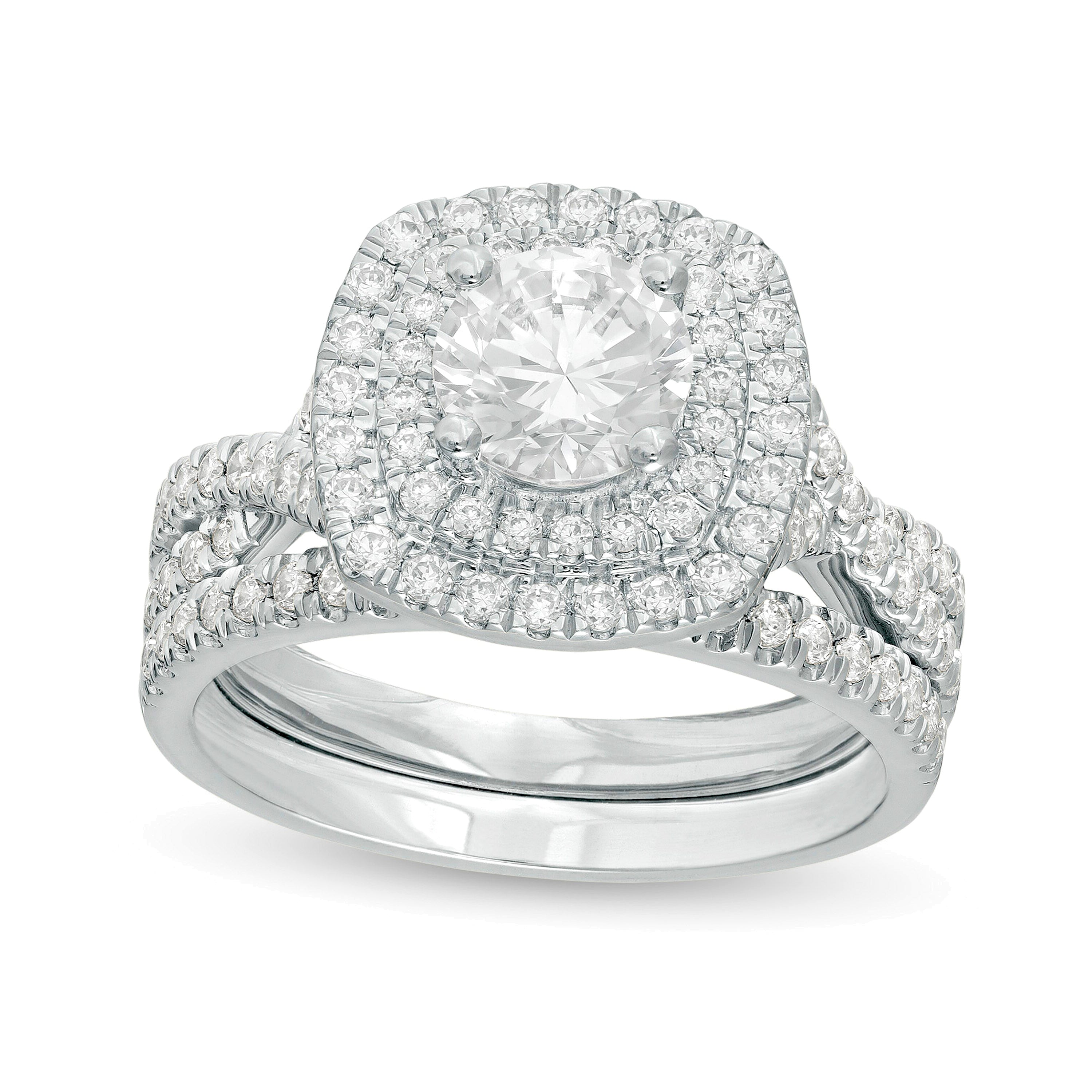 1,63 ct. Gesamtgewicht Diamant Brautset mit doppeltem Kissenschliff-Rahmen und gedrehter Ringschiene in 14K Weißgold