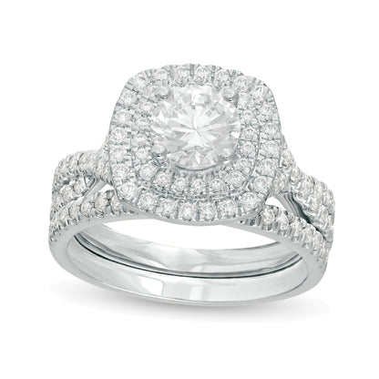 1,63 ct. Gesamtgewicht Diamant Brautset mit doppeltem Kissenschliff-Rahmen und gedrehter Ringschiene in 14K Weißgold