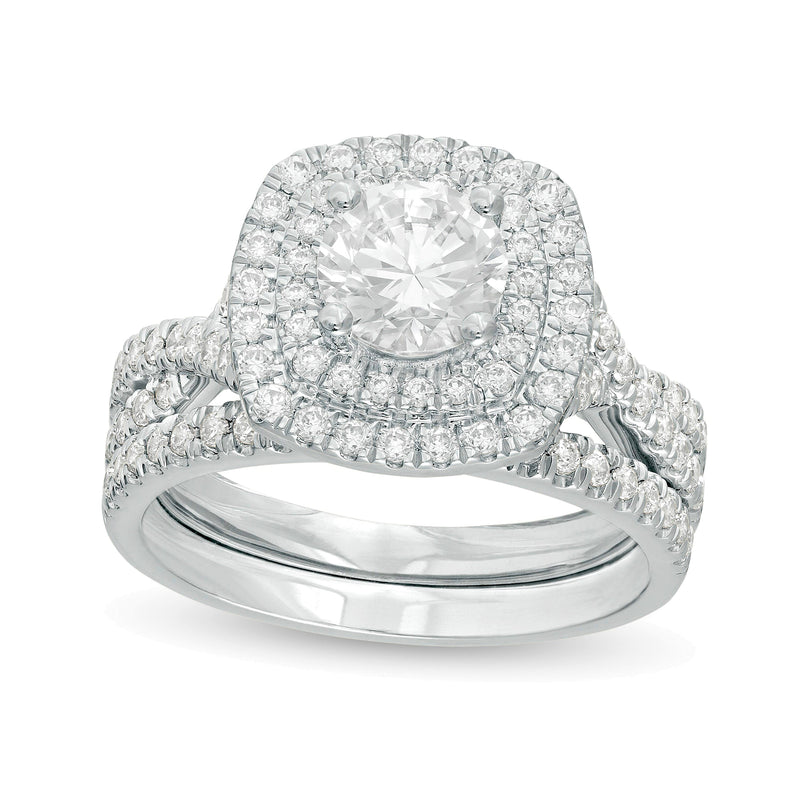 1,63 ct. Gesamtgewicht Diamant Brautset mit doppeltem Kissenschliff-Rahmen und gedrehter Ringschiene in 14K Weißgold