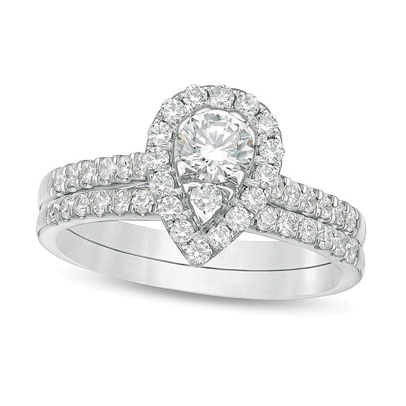 1.0 ct. Gesamtgewicht Braut-Set mit tropfenförmigen Diamanten und Halo in 10K Weißgold