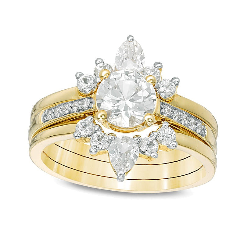 Braut-Set mit weißen Saphiren (Labor) und 0,05 ct. Gesamtgewicht Diamanten in 14K Weißgold