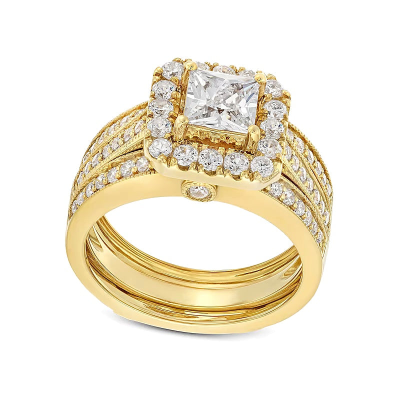 Braut-Set mit Labordiamanten im Princess-, Rund- und Kissenschliff 2.0 ct. Gesamtgewicht in 14K Gelbgold (F/VS2)