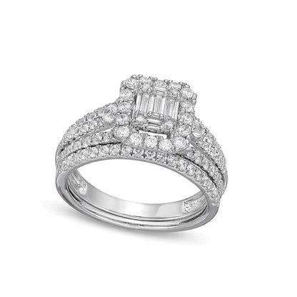 Braut-Set mit weißen Diamanten im Baguette- und Smaragdschliff, 1.0 ct. Gesamtgewicht, in 10K Weißgold