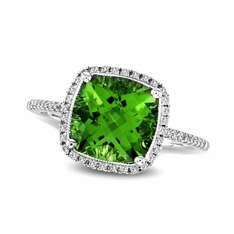 Halo-Ring mit Peridot im Kissenschliff 9,0 mm und Diamanten 0,25 ct. Gesamtgewicht in 14K Weißgold