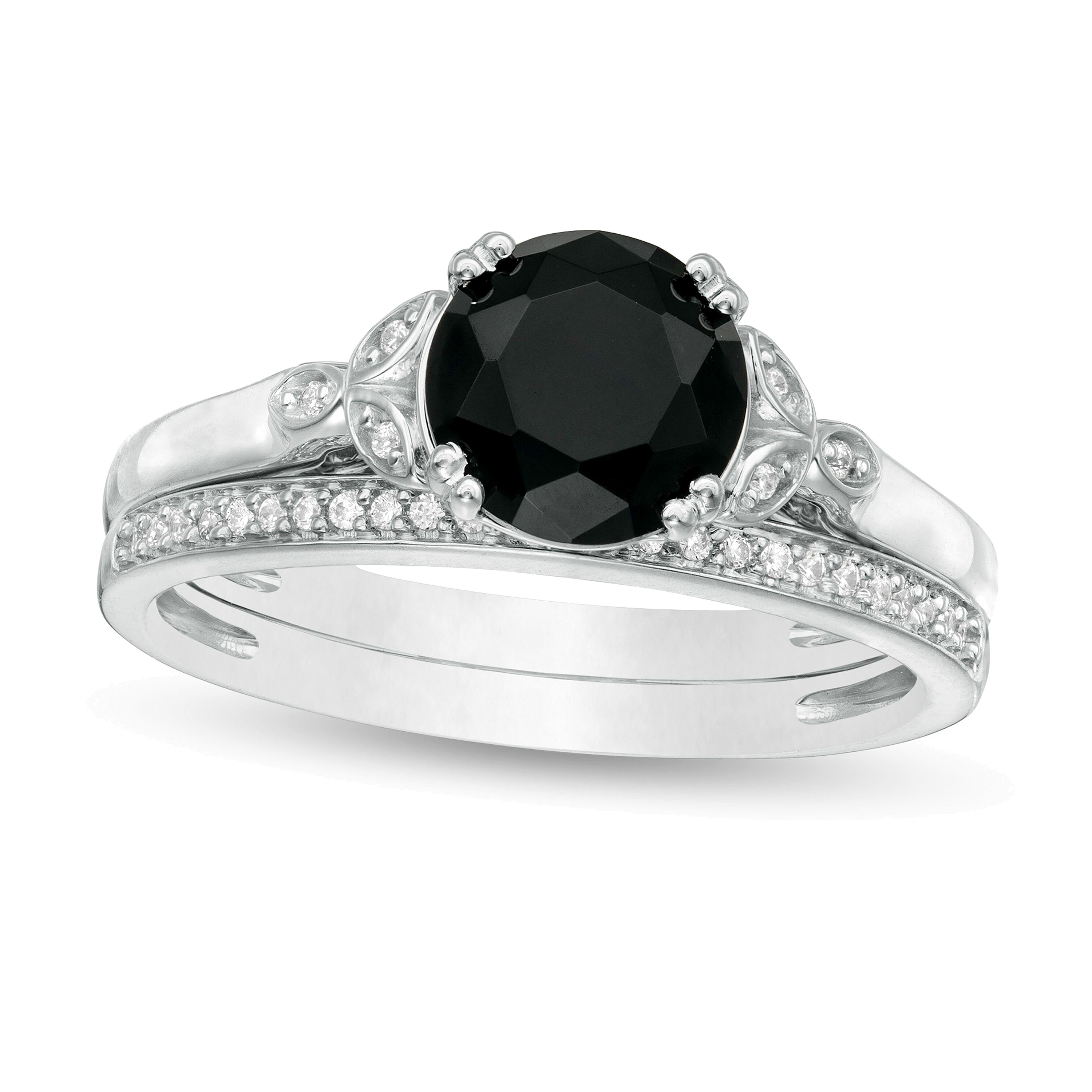 8,0 mm schwarzer Saphir und 0,1 ct. Gesamtgewicht Diamant Brautset mit Blattseiten aus 10K Weißgold