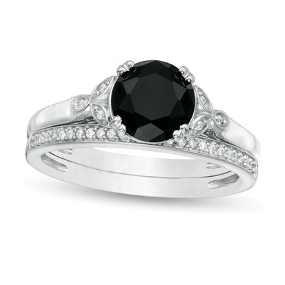 8,0 mm schwarzer Saphir und 0,1 ct. Gesamtgewicht Diamant Brautset mit Blattseiten aus 10K Weißgold