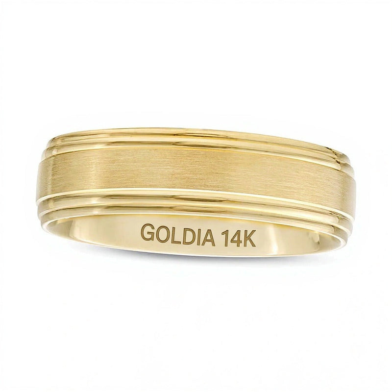 Herren-Ehering 6,0mm mit gebürsteter Stufenkante in 14K Gelbgold - Größe 10