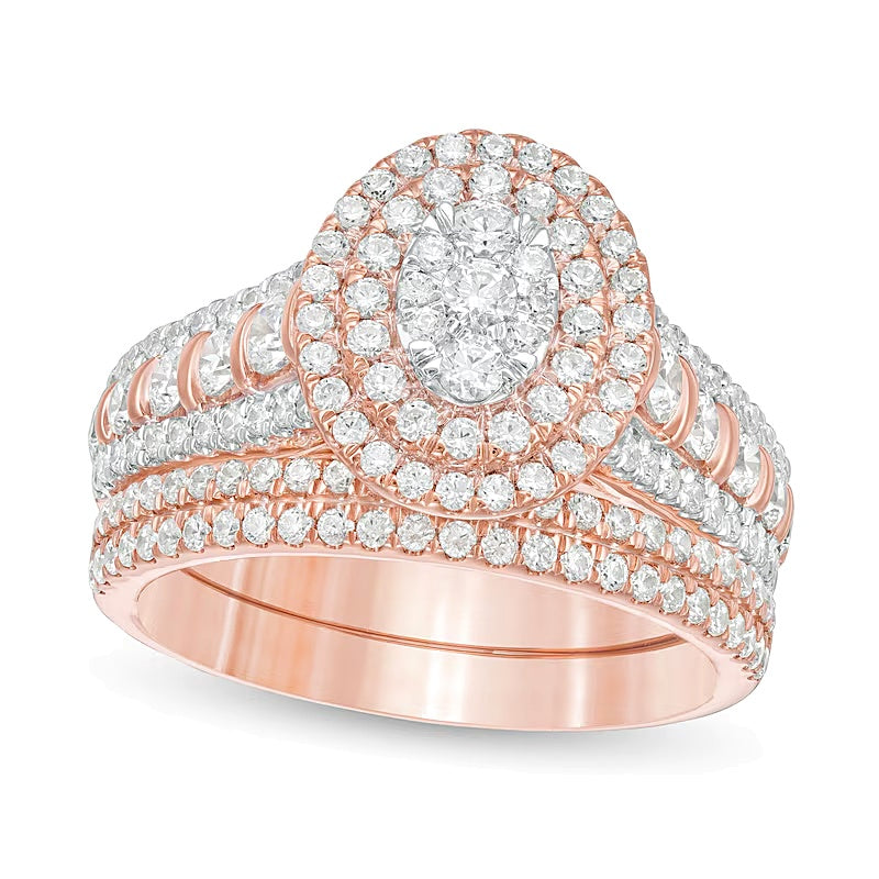 Braut-Set mit Komposit-Diamanten 1.5 ct. Gesamtgewicht, doppelter ovaler Rahmen, mehrreihig, in 10K Roségold