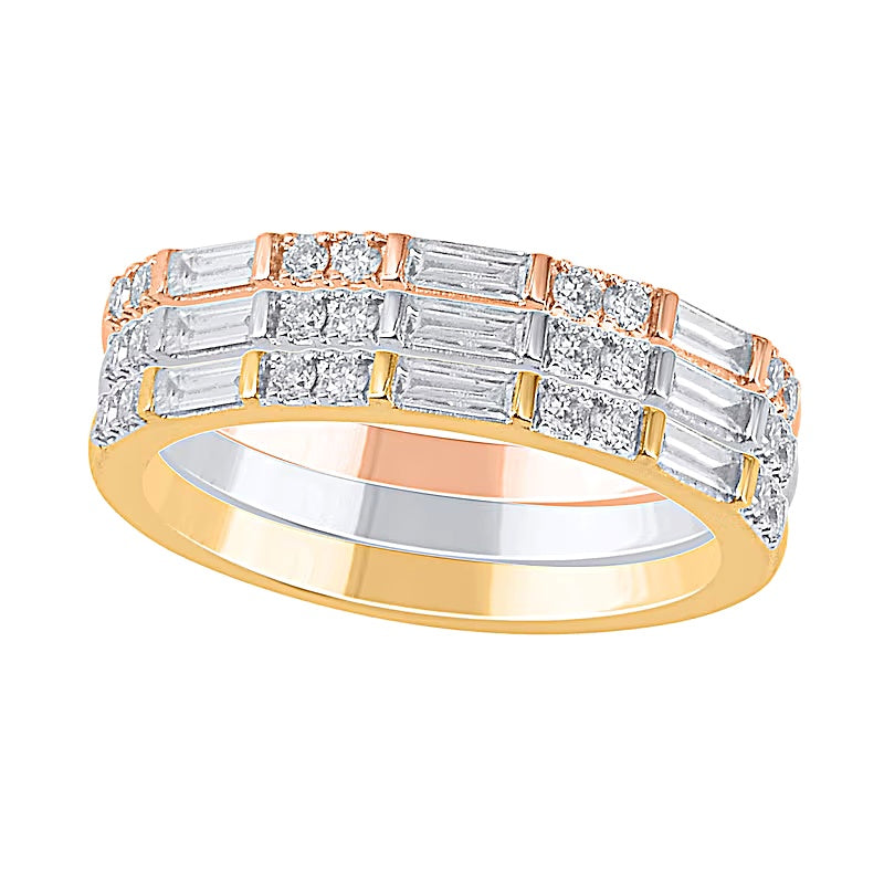 0,38 ct. Gesamtgewicht Baguette- und runde Diamanten Duo Ring-Set dreiteilig stapelbar aus Sterlingsilber in Two-Tone rhodiniert