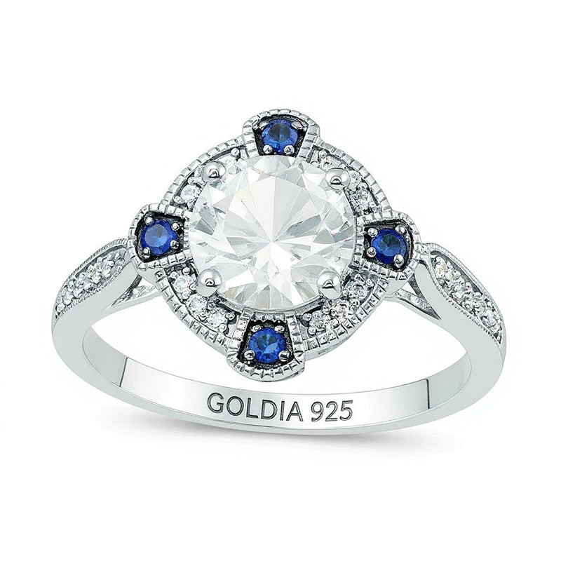 Halo-Ring im Vintage-Stil mit weißem und blauem Saphir (Labor) und Diamant 0,13 ct. Gesamtgewicht in rhodiniertem Sterlingsilber