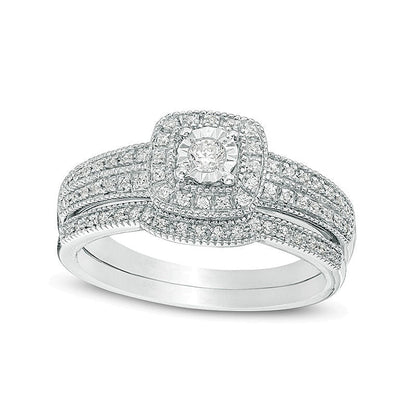 0,2 ct. Gesamtgewicht Diamant Brautset im Vintage-Stil mit Kissenschliff-Rahmen in 10K Weißgold