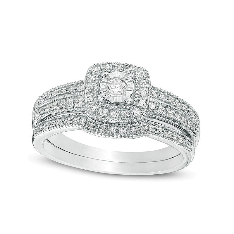 0,2 ct. Gesamtgewicht Diamant Brautset im Vintage-Stil mit Kissenschliff-Rahmen in 10K Weißgold