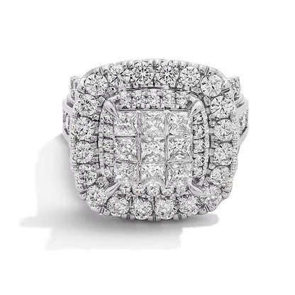 5.0 ct. Gesamtgewicht Verlobungsring mit weißen Diamanten im Princess-, Rund- und Kissenschliff, mehrreihig, in 14K Weißgold