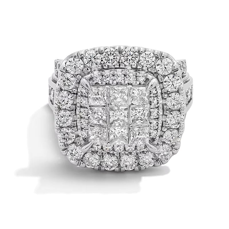 5.0 ct. Gesamtgewicht Verlobungsring mit weißen Diamanten im Princess-, Rund- und Kissenschliff, mehrreihig, in 14K Weißgold