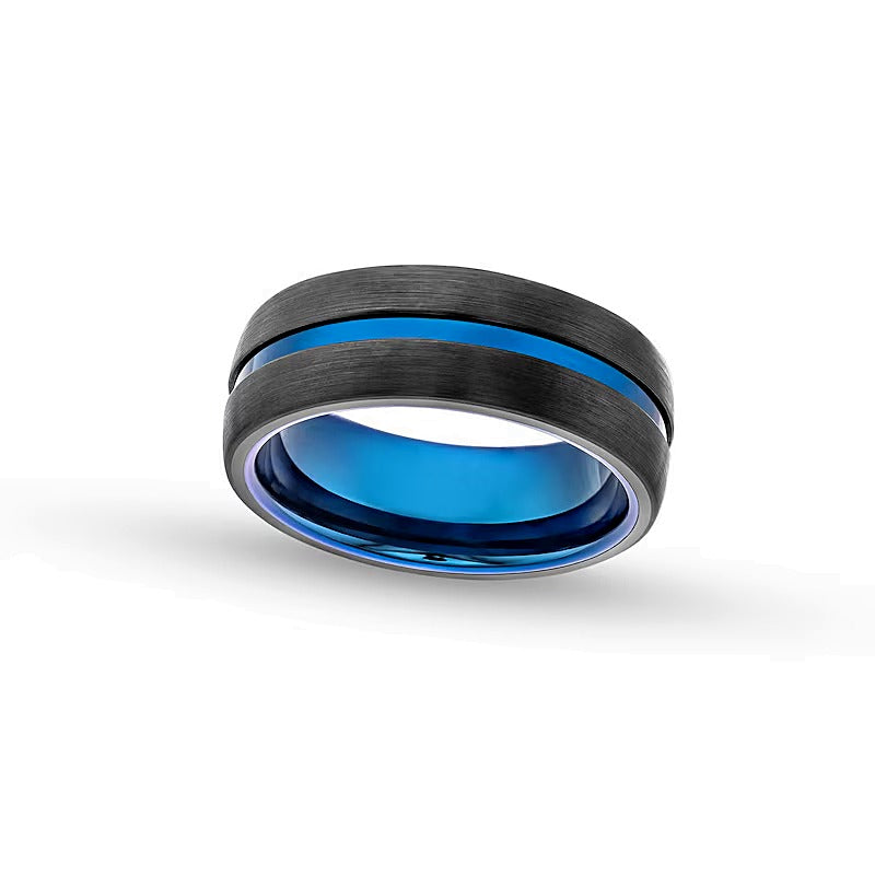 8.0mm Ring mit gespaltener, gebürsteter und abgeschrägter Kante aus zweifarbigem Wolfram in Blau und Schwarz
