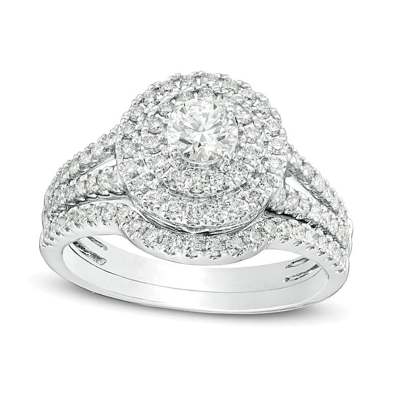1.0 CT. TW Diamant Brautset mit doppeltem Rahmen und geteilter Schiene in 14K Weißgold (I/I1)