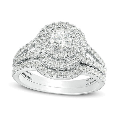 1.0 CT. TW Diamant Brautset mit doppeltem Rahmen und geteilter Schiene in 14K Weißgold (I/I1)