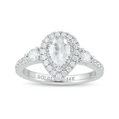 1,17 ct. Gesamtgewicht Dreistein-Verlobungsring mit tropfenförmigen und runden Diamanten in 14K Weißgold (I/I2)