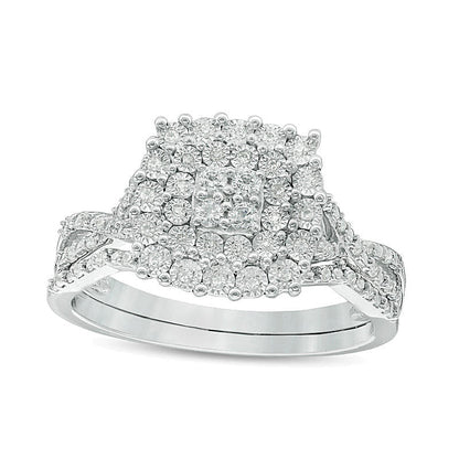 0.25 ct. Gesamtgewicht Komposit-Diamant Brautset mit Kissenschliff-Halo und gedrehter Schiene aus rhodiniertem Sterlingsilber