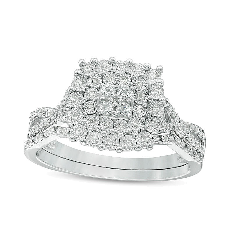 0.25 ct. Gesamtgewicht Komposit-Diamant Brautset mit Kissenschliff-Halo und gedrehter Schiene aus rhodiniertem Sterlingsilber