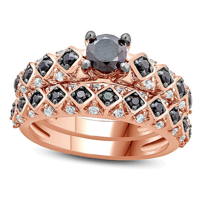 1.0 CT. Gesamtgewicht behandelter schwarzer und weißer Diamant Braut-Set mit geneigter quadratischer Ringschiene in 10K Roségold
