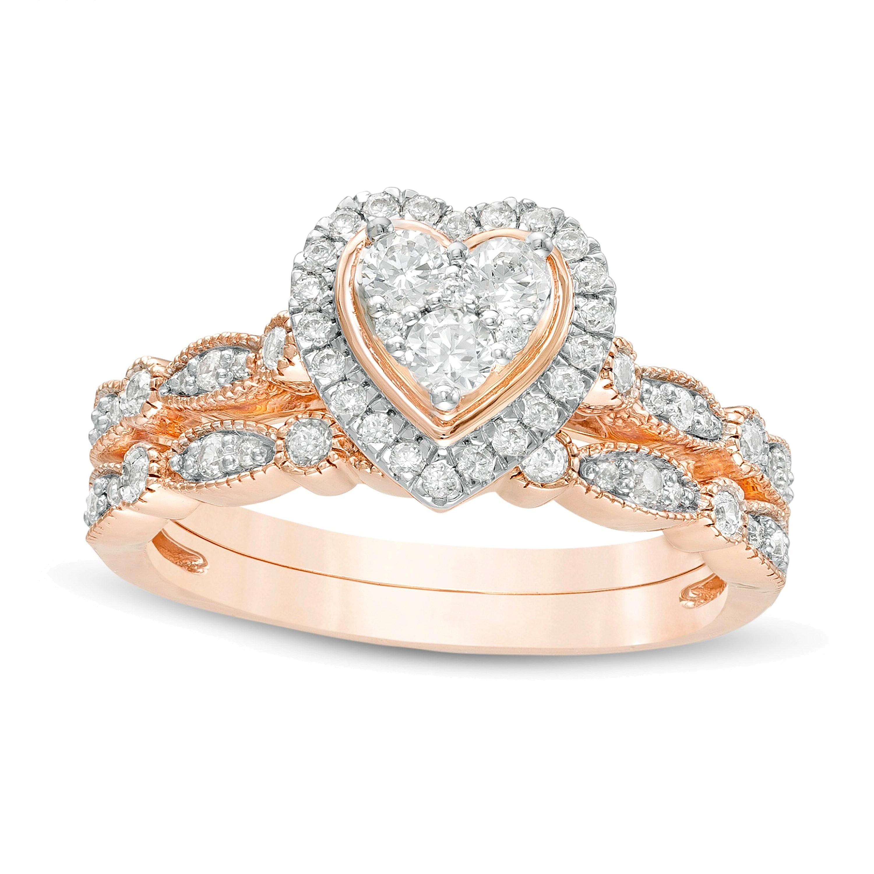 0.5 CT. Gesamtgewicht Diamant-Brautset mit Herz-Rahmen und wechselnden Marquise-Diamanten im Vintage-Stil in 10K Roségold