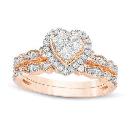 0.5 CT. Gesamtgewicht Diamant-Brautset mit Herz-Rahmen und wechselnden Marquise-Diamanten im Vintage-Stil in 10K Roségold